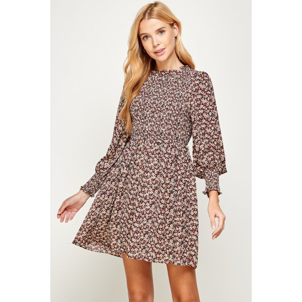 LONG SLEEVE SMOCKED BODICE DRESS